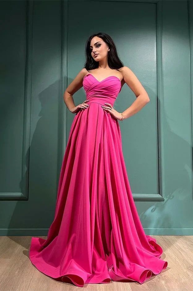 Vestidos formales para mujer, vestido de fiesta largo fucsia, largo hasta el suelo con escote corazón dividido / Tienda de vestidos de fiesta
